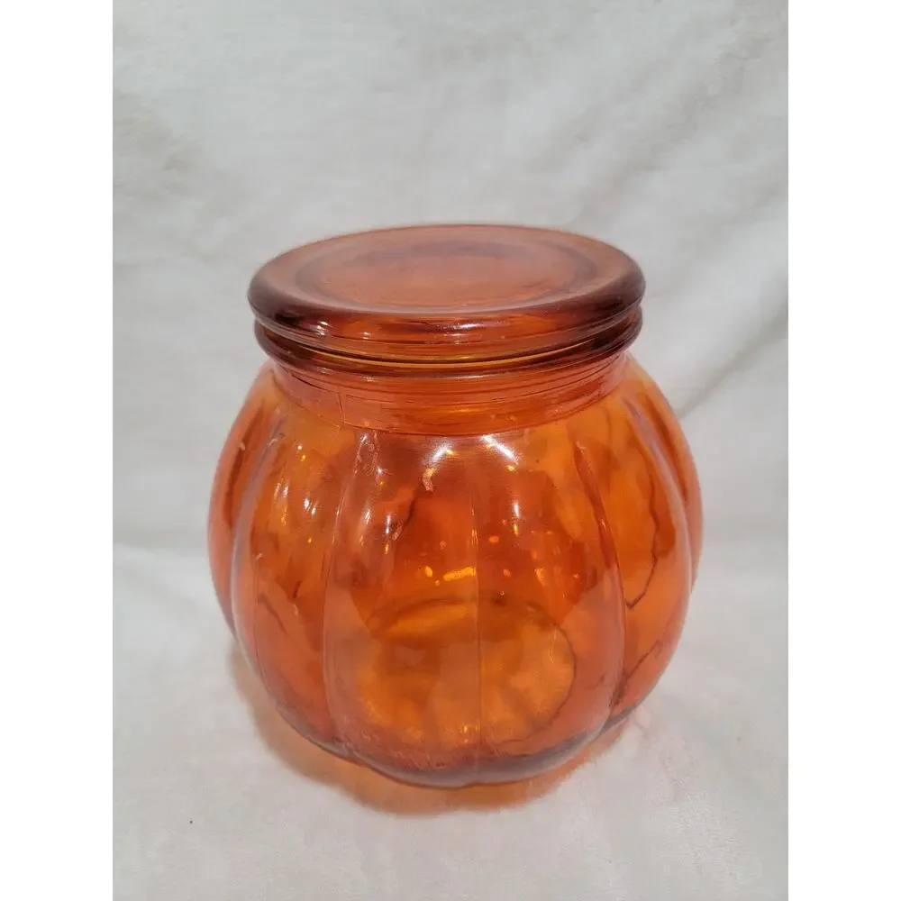 Vintage Halloween Orange Glass Pumpkin Candy Jar Canister w/Lid 7 1/2”